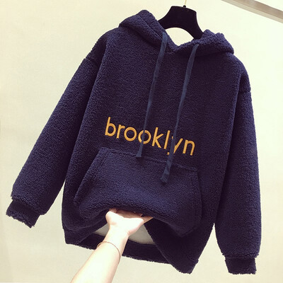 

Women Plush Sweater Letters Embroidered Hat Collar Long Sleeve Casual Warm Winter Autumn Loose Long Thick Tops