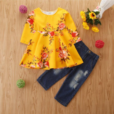 

2PCS Toddler Kids Baby Girl Autumn Clothes Floral Tops DressJeans Pants Outfits
