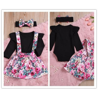 

Fashion Baby Girl Solid Color Long Sleeve Round Neck jumpsuits Romper Playsuit Floral Print Strap Skirt Bowknot Headband