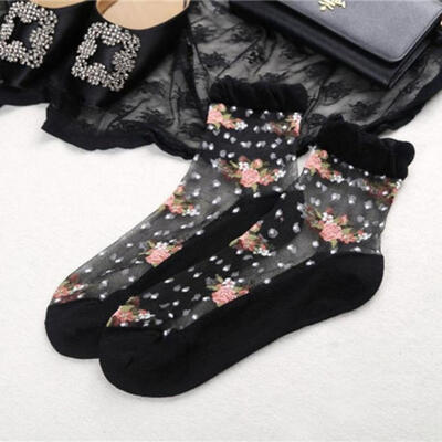 

Fashion Women Summer Ultrathin Transparent Rose Flowers Elastic Short Socks