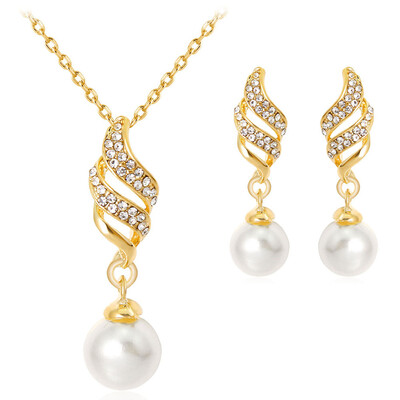 

2019 New Womens Jewelry Set Fashion Gift Silver Gold Elegant Gold-plated Pearl Earrings Necklace