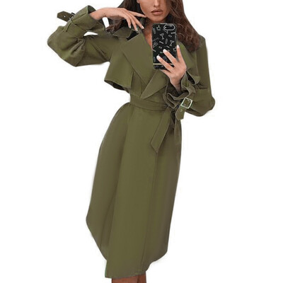 

Women Long Coats Lapel Long Sleeve Casual Loose Outerwear Solid Windbreaker Belt