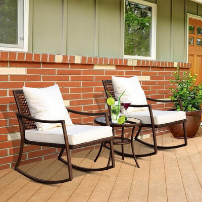 

3pc Outdoor PE Rattan Wicker Patio Rocking Chair Set with Accent Table - Brown