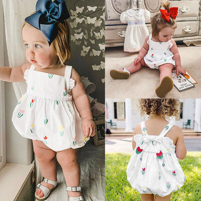 

Infant Baby Girls Sleeveless Floral Print Bow Lace Bodysuit Romper Clothes
