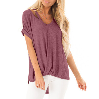 

Nomeni Women V-neck T-Shirt Off-the-shoulder Short-sleeve Blouse Knot Fold Shirt Tops