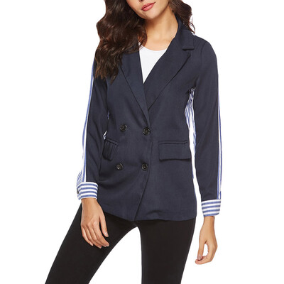 

Toponeto Womens Long Sleeves Coat Casul Button Stripe Suit Jacket Pocket Overcoat