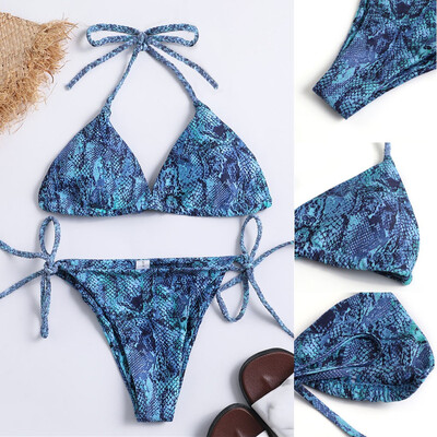 

Roseonmyhand Women Snake Print Padded Bra Beach Strappy Bandage Halter Bikini Set Swimsuit