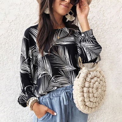 

Womens Summer Casual Tops Printed Round Neck T-shirt Long Sleeve Loose Shirts