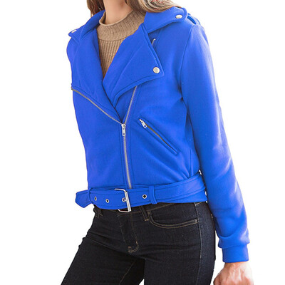 

2019 Autumn Winter Women Fashion Oblique zipper Lapel Long sleeve Solid color Motorcycle jacket Coat