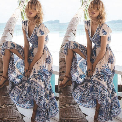 

Women Summer Boho Long Maxi Evening Party Cocktail Dress Beach Dresses Sundress