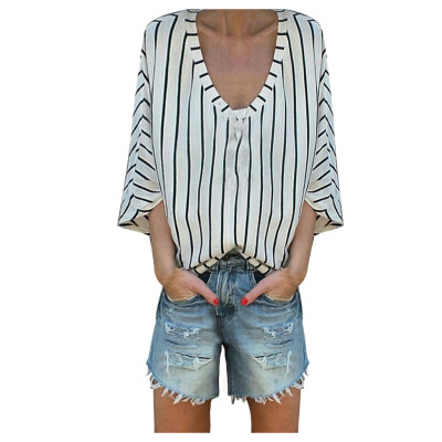 

Toponeto Fashion Women V-Neck Half Sleeve Casual Striped Tops Tee Blouse