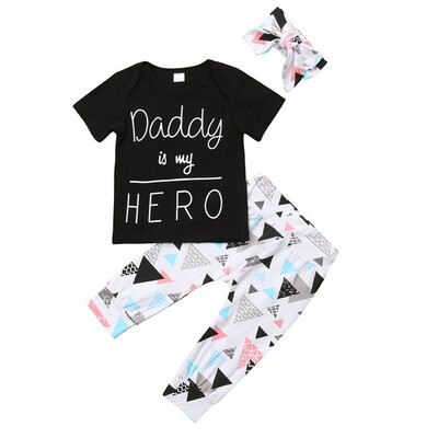 

Children Clothing Set Short Sleeve Letter Cotton Black T shirt TopsLong Pantshairband Clothes Set