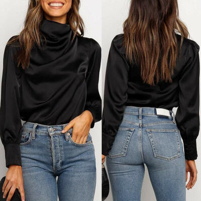 

Pure Color Women´s Casual Black Long Sleeve Tops High Neck Blouse -XL
