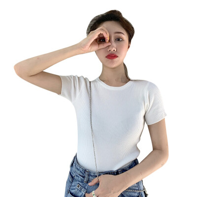 

Womens Korean Style Fashion O Neck Solid Short Sleeve Knitted Sexy Slim Pullover T-Shirt