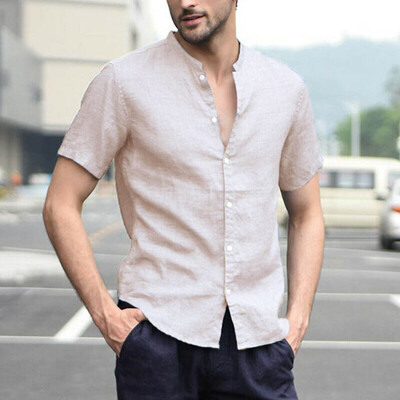 

Toponeto Mens Baggy Cotton Linen Solid Short Sleeve Button Retro T Shirts Tops Blouse