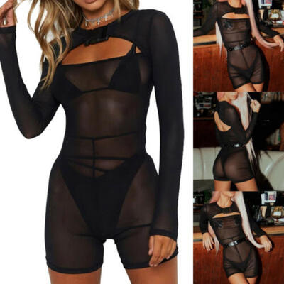 

Sexy Women Buckle High Neck Sheer Fishnet Playsuit Ladies Summer Shorts Jumpsuit