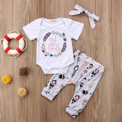 

3PCS Newborn Baby Girl Summer Outfit Clothes Romper Leggings Pants Headband Set