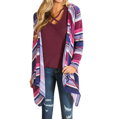 

Toponeto Women Long Sleeve Color Stripe Print Open Front Cardigan Blouse Tops