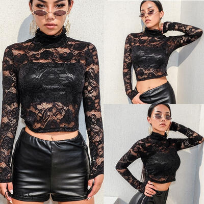 

Sexy Women Ladies Mesh Sheer Lace Long Sleeve Crop Tops T-shirt Blouse Tank Tops