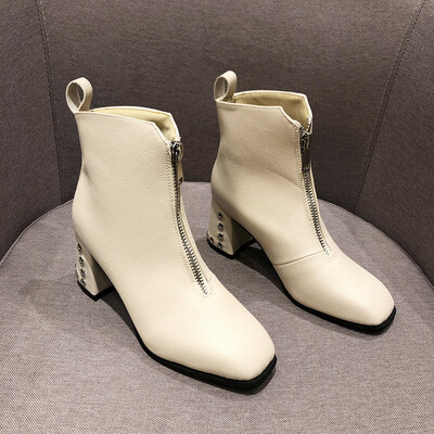 

Thick-heeled short boots women fall retro front zipper square high heels short cylinder Martins boots ins