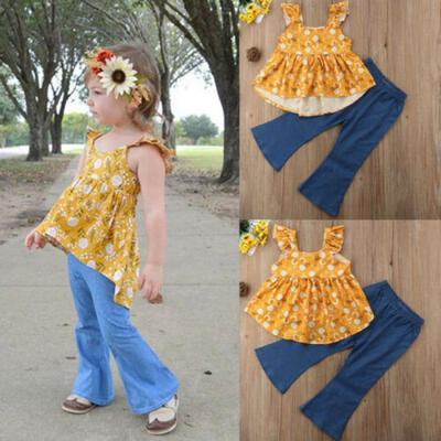 

UK Toddler Baby Girl Kids Floral Tops shirt Wide Leg Denim Pants Outfits Clothes