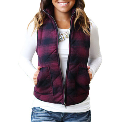 

Toponeto Women Winter Warm Sleeveless Lattice Printed Pockets Hasp Zipper Vest Coat