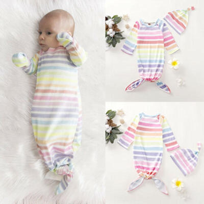 

US 2PCS Newborn Baby Striped Swaddle Wrap Swaddling Sleeping Bag Blanket Hat Set
