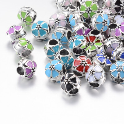 

Alloy Enamel European Beads Large Hole Beads Rondelle with Flower Antique Silver Mixed Color 95x9mm Hole 445mm