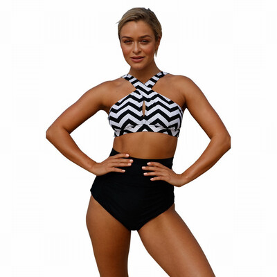 

Tube top sling high waist printed corrugated boxer split swimsuit