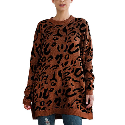 

Women Winter Leopard Printed Round Collar Loose Concise Casual Long Sleeve Sweater