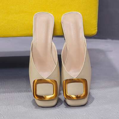 

Baotou half slippers womens middle heel square net red slippers women 2019 new fashion wear square buckle Mueller shoes tide