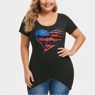 

Roseonmyhand Womens Fashion Plus Size America Flag Print Asymmetrical Short Sleeve Top Shirt