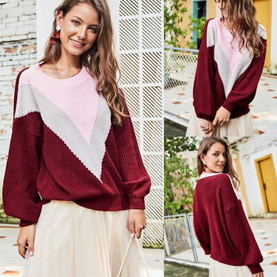 

Tailored Women O-Neck Patchwork Pullover long Sleeve Loose Knitted Sweater Tops