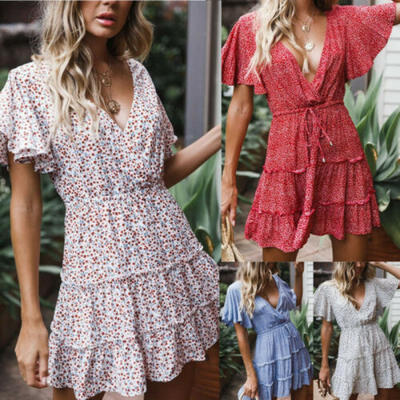

Women Short Sleeve Wrap Boho Floral Mini Dress Summer Sundress Holiday Dress