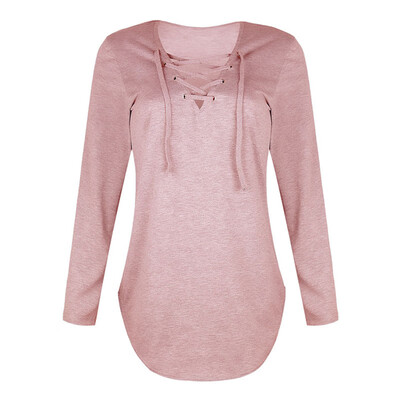 

Women Casual Loose V-neck Strap Long Sleeve Turtleneck T-Shirt Tops Solid Color