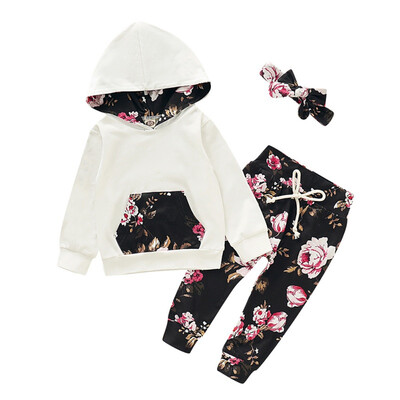 

Newborn Baby Girl Clothes Autumn Flower Print Baby Girl Outfit Long Sleeve Hooded Pants Headband Infant Girl Clothing Set 0-18M