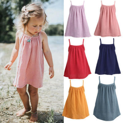 

US Summer Toddler Baby Girl Kid Casual Dress Solid Casual Linen Dresses Sundress