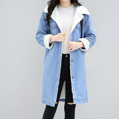 

Toponeto Winter Womens Blue Jean Jacket Thicken Warm Fleece Denim Coat Punk Long Outwear
