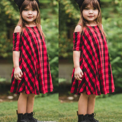 

Baby Girls Plaid Tartan Printed Clothes Dress Princess Party Off-Shoulder Summer