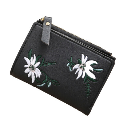 

Women Embroidery Faux Leather Coin Key Card Holder Zipper Purse Short Wallet