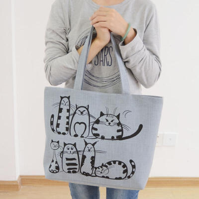 

2016 Cartoon Cats Printed Beach Zipper Bag Bolsa Feminina Canvas Tote Shopping Handbags sac a main femme de marque