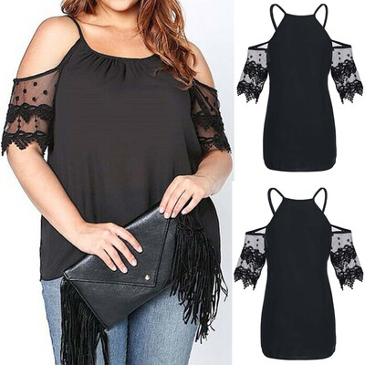 

Nomeni Fashion Women Summer Casual Strap Leaky Shoulder Lace Short sleeve t-shirt