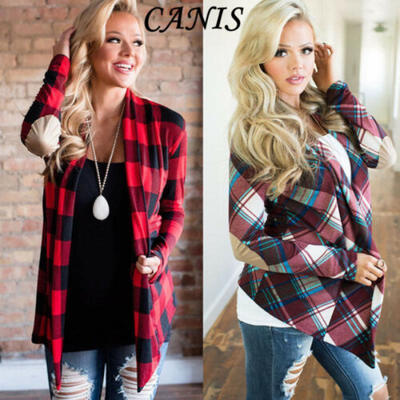 

US New Women Long Sleeve Flannel Plaid Shirts Cardigan Blouse Casual Loose Tops