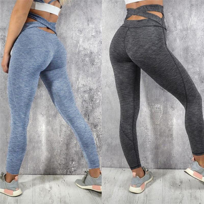 

Spot Cross waist solid color moisture wicking fitness yoga pants Slim sports fitness hip leggings grey