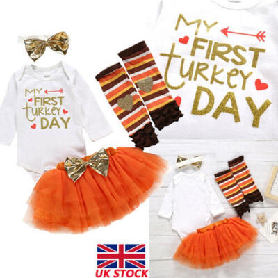

UK 4PCS Newborn Baby Girl Clothes Romper JumpsuitTutu SkirtHeadband Outfit Set
