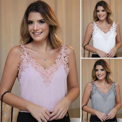 

Women Lace Vest Sleeveless Loose Camisole Casual V-Neck Tank Tops Blouse T-Shirt