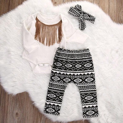 

3pcs Newborn Infant Baby Girls Tassels RomperPantsHeadband Legging Outfits Set
