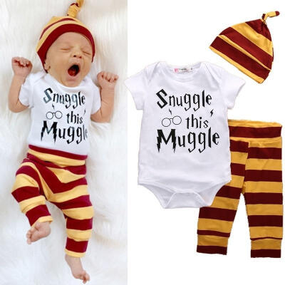 

Snuggle this Muggle 3PCS Newborn Baby Boy Girl Top T-shirt Rompers Pants Leggings Striped Outfit Set Clothes