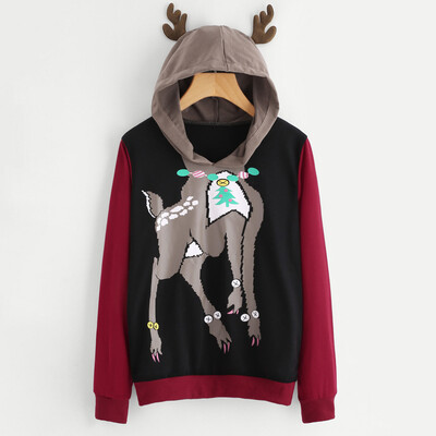 

Nomeni Womens Casual Long Sleeve Elk Deer Sweatshirt Hooded Pullover Tops Blouse