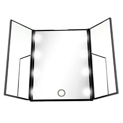 

Portable Makeup Mirror LED Illuminated Adjustable Brightness Foldable Triple Mirror with Stand with Two CR2032 Batteries